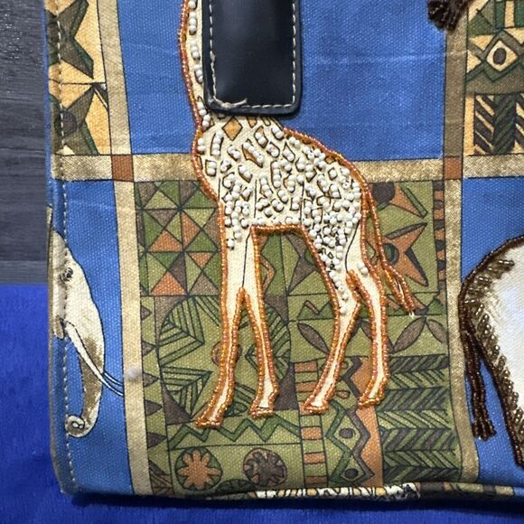 African Animals Handbag Purse Small/Cross Body Beaded Safari Neutral Tan Blue - Picture 2 of 11